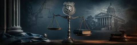 Police badge elevated above scales and a civic law book